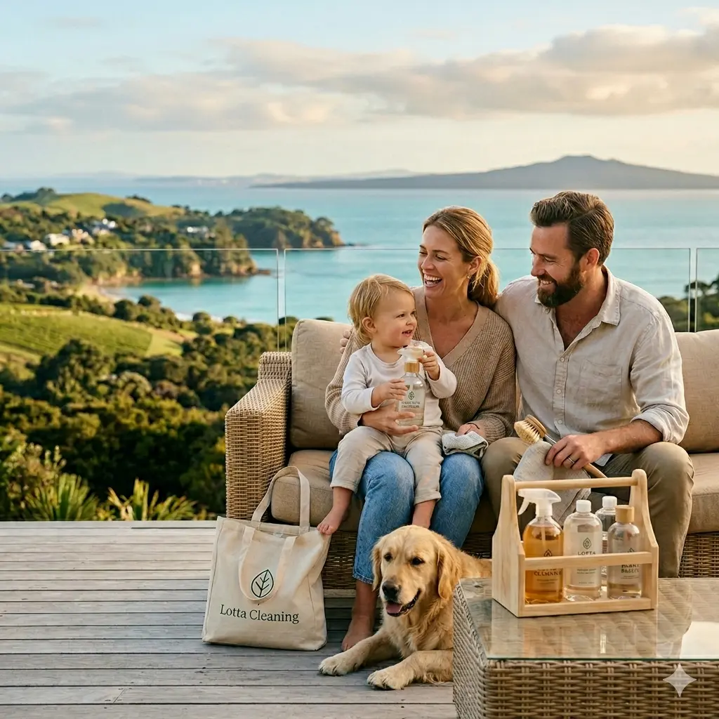 The Lotta Cleaning family owners sitting on a patio overlooking the Waiheke Island coast with their child, dog, and eco-friendly cleaning supplies.