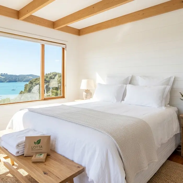 Crisp, freshly styled master bedroom in a Waiheke luxury holiday rental property.