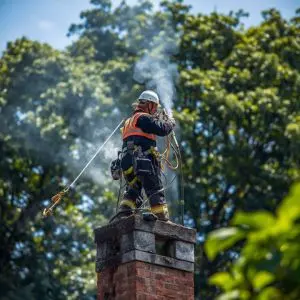 Professional chimney sweep cleaning soot and creosote build-up from a residential fireplace on Waiheke Island.