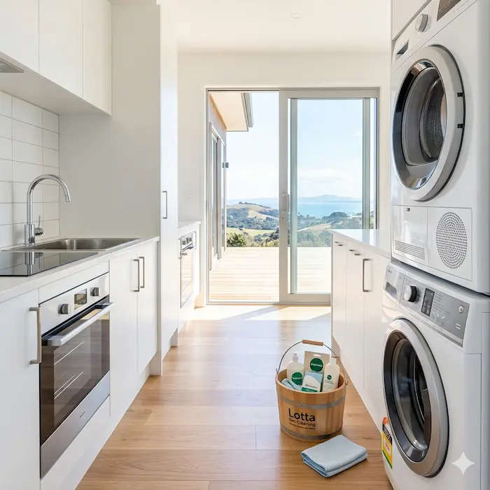 An immaculate modern kitchen and laundry space of a Waiheke Island holiday home