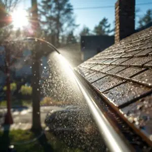 Professional clearing and removing leaves from roof gutters to protect a home water collection system on Waiheke Island.